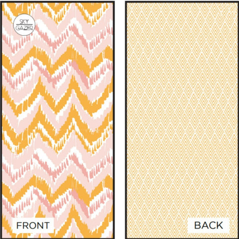 Illustrated image of the front and back of Sky Gazer towel called The Airlie, which is pink and yellow zig-zag.