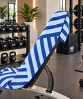 A gym weight bench with a blue and white striped fabric cover, positioned in a modern gym setting with dumbbells and weight racks in the background.