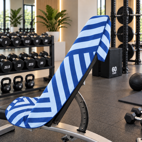A gym weight bench with a blue and white striped fabric cover, positioned in a modern gym setting with dumbbells and weight racks in the background.
