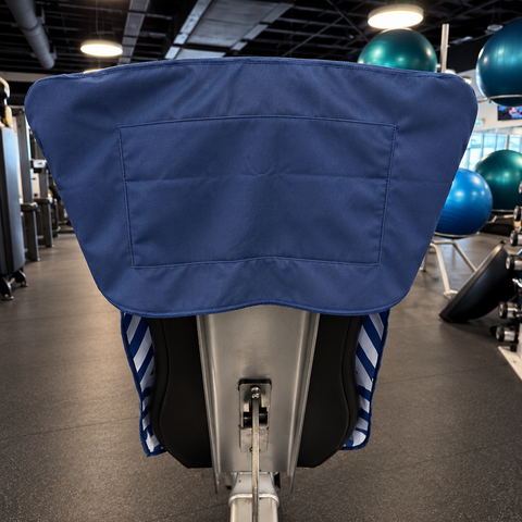 A close-up rear view of a gym exercise machine with a blue padded cover on the handlebar area, set in a gym with exercise balls and equipment in the background.