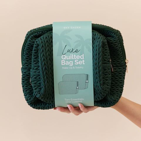 Luxe Quilted Make-Up & Toiletry Bag Set (Hunter Green)