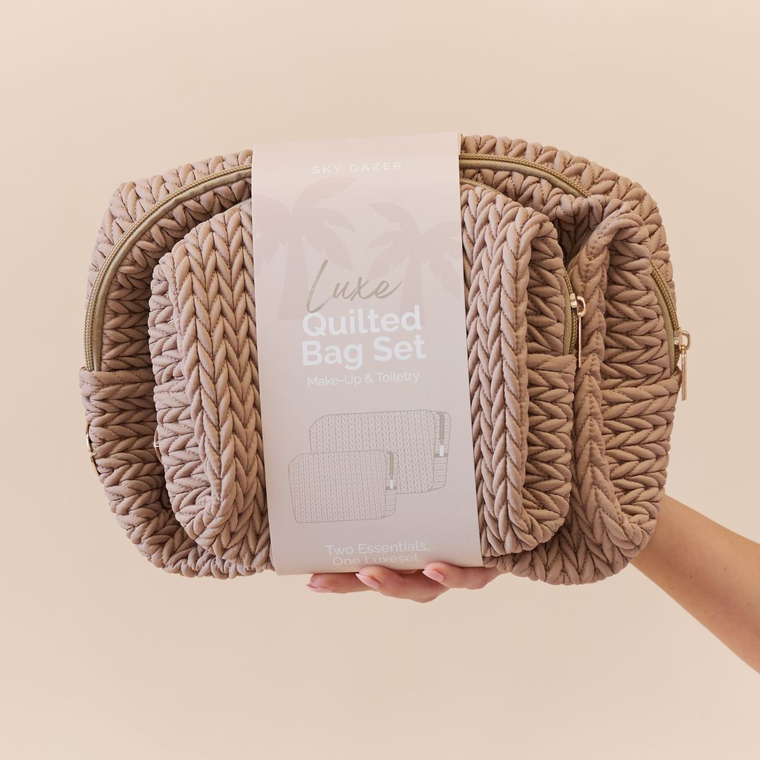 Luxe Quilted Make-Up & Toiletry Bag Set (Dark Beige)