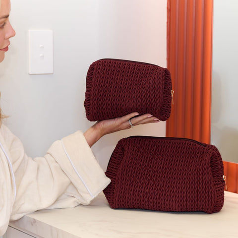 Luxe Quilted Make-Up & Toiletry Bag Set (Burgundy)