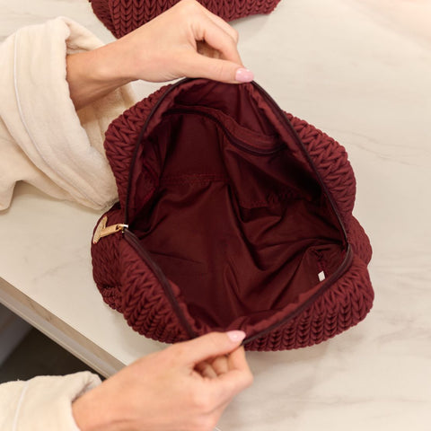 Luxe Quilted Make-Up & Toiletry Bag Set (Burgundy)