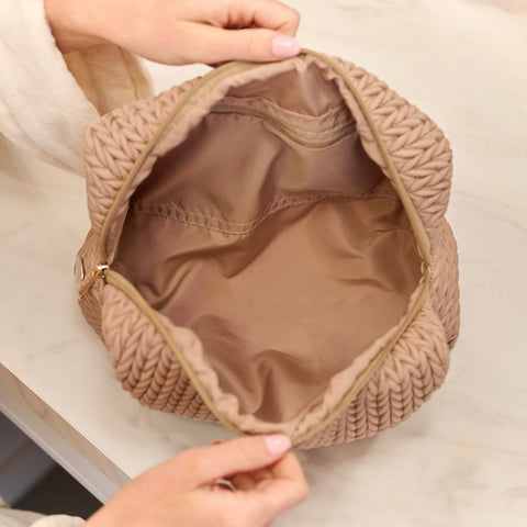 Luxe Quilted Make-Up & Toiletry Bag Set (Dark Beige)