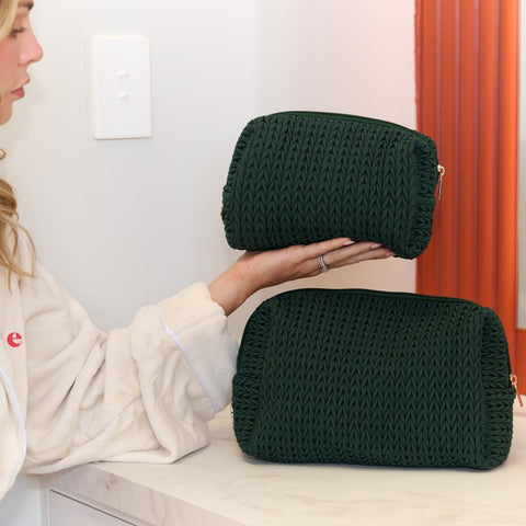 Luxe Quilted Make-Up & Toiletry Bag Set (Hunter Green)