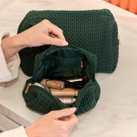 Luxe Quilted Make-Up & Toiletry Bag Set (Hunter Green)