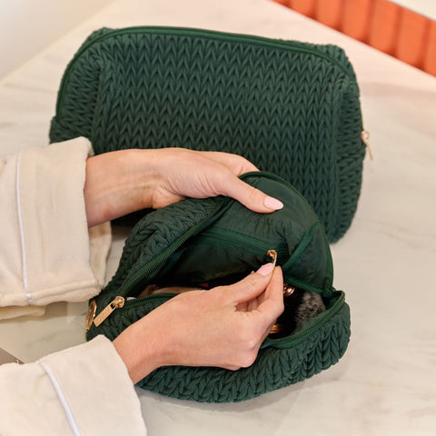 Luxe Quilted Make-Up & Toiletry Bag Set (Hunter Green)