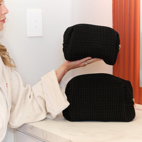 Luxe Quilted Make-Up & Toiletry Bag Set (Jet Black)