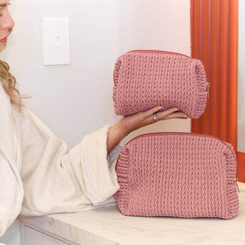 Luxe Quilted Make-Up & Toiletry Bag Set (Dusty Pink)