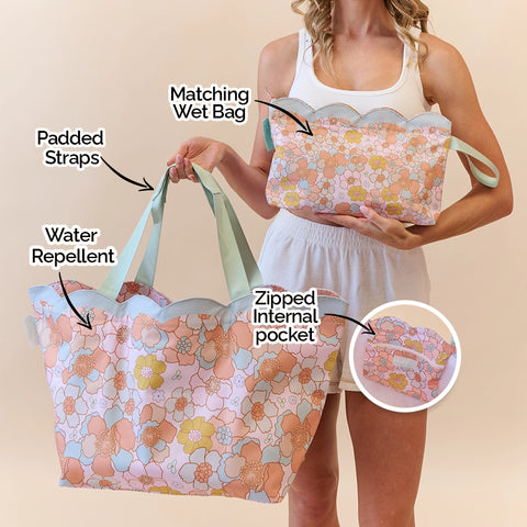 Scalloped Edge Beach Bag- Palm Noir