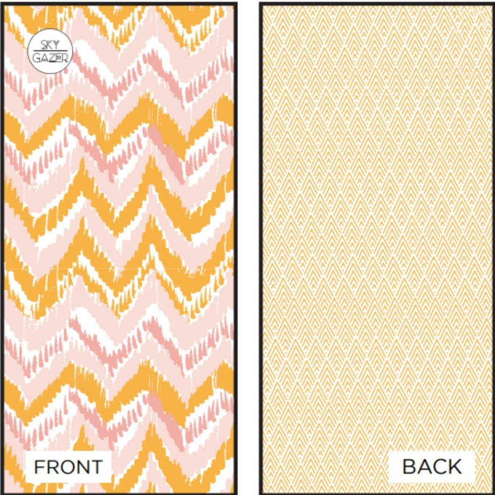 Illustrated image of the front and back of Sky Gazer towel called The Airlie, which is pink and yellow zig-zag. 